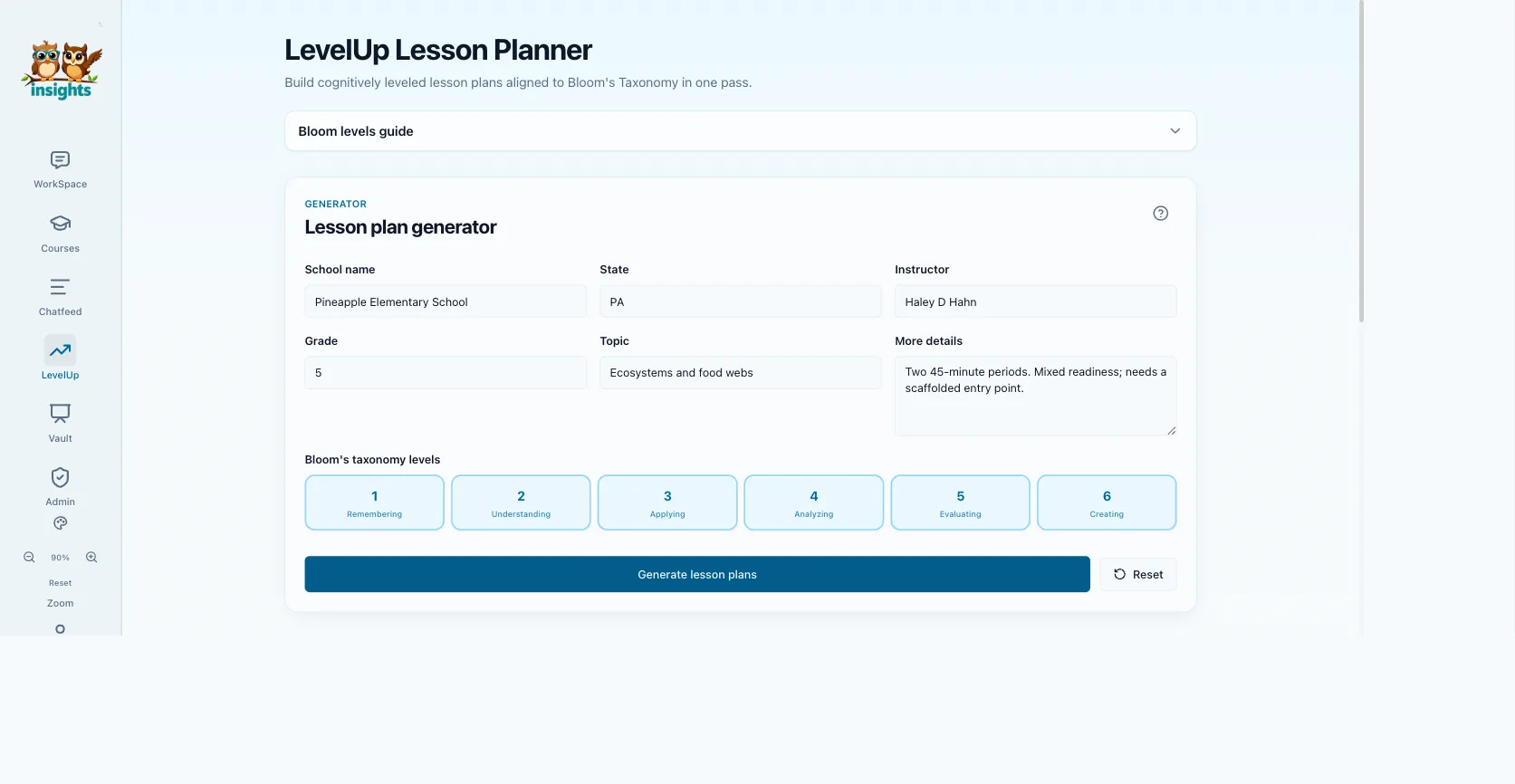 The LevelUp lesson planner, with a grade and topic filled in and the six Bloom's taxonomy levels selectable.