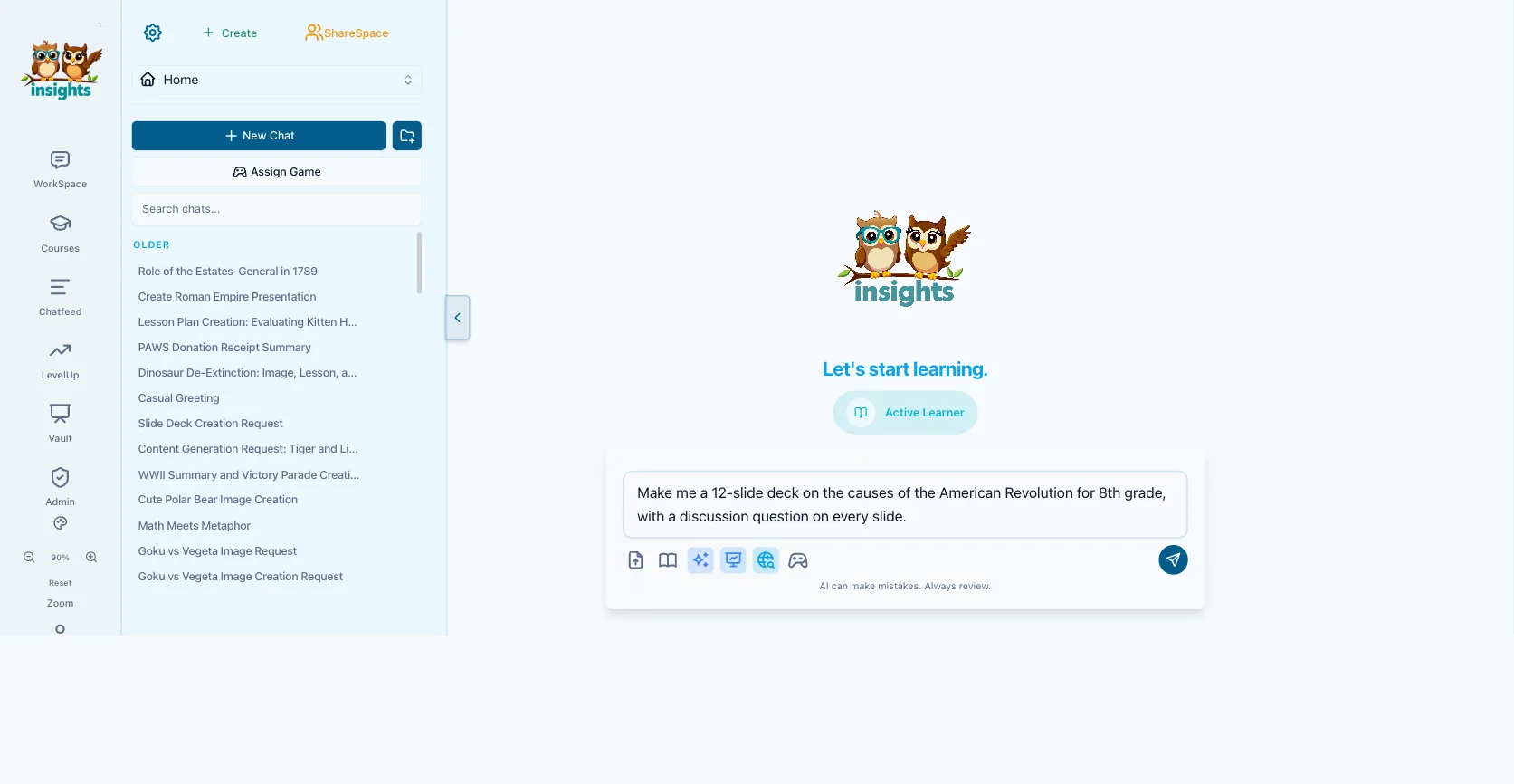 The Insights WorkSpace assistant, with a teacher asking it to build a lesson slide deck.